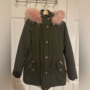 Guess Olive Green Trench Coat with Pink Faux Fur Trim